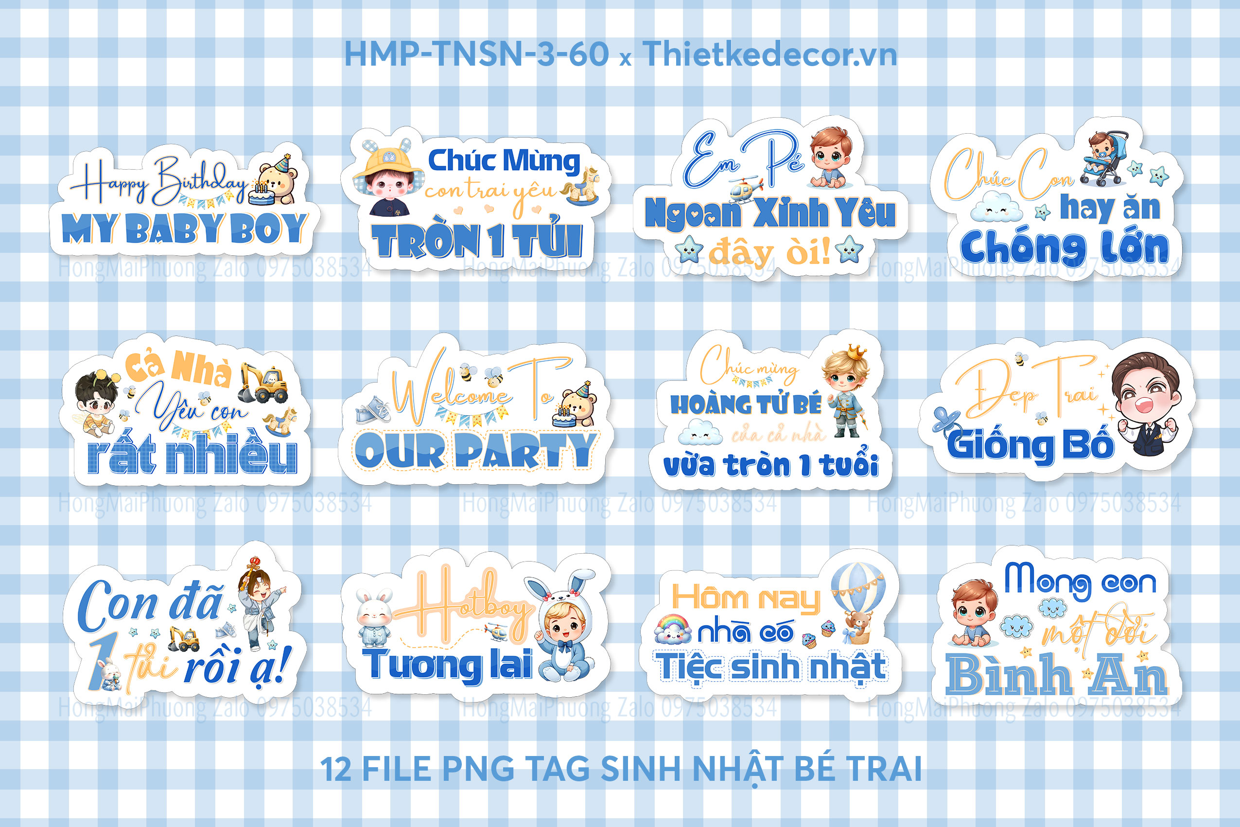 12 File tag sinh nhật bé trai tone xanh dương